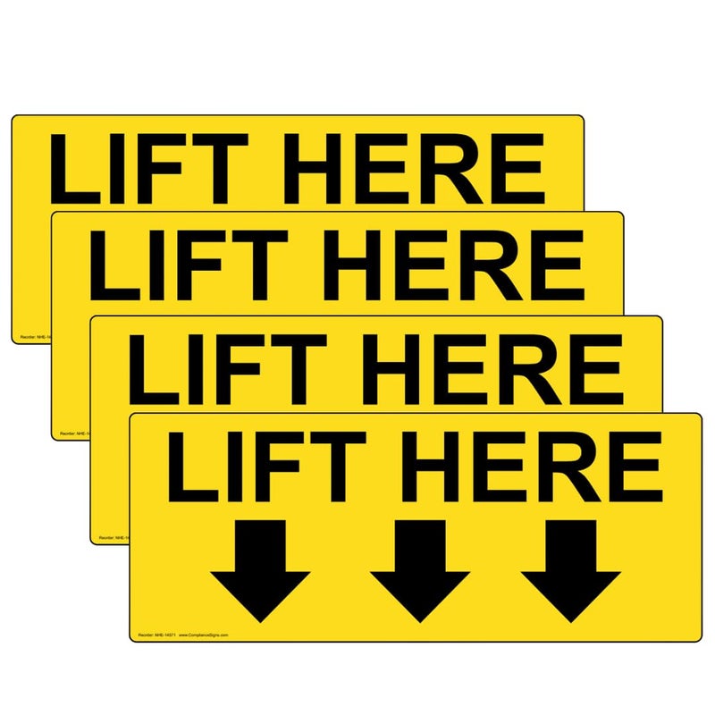 ComplianceSigns.com Lift Here (With Down Arrows) Label Decal, 5x2 in. 4-Pack Vinyl for Industrial Notices - Image 1